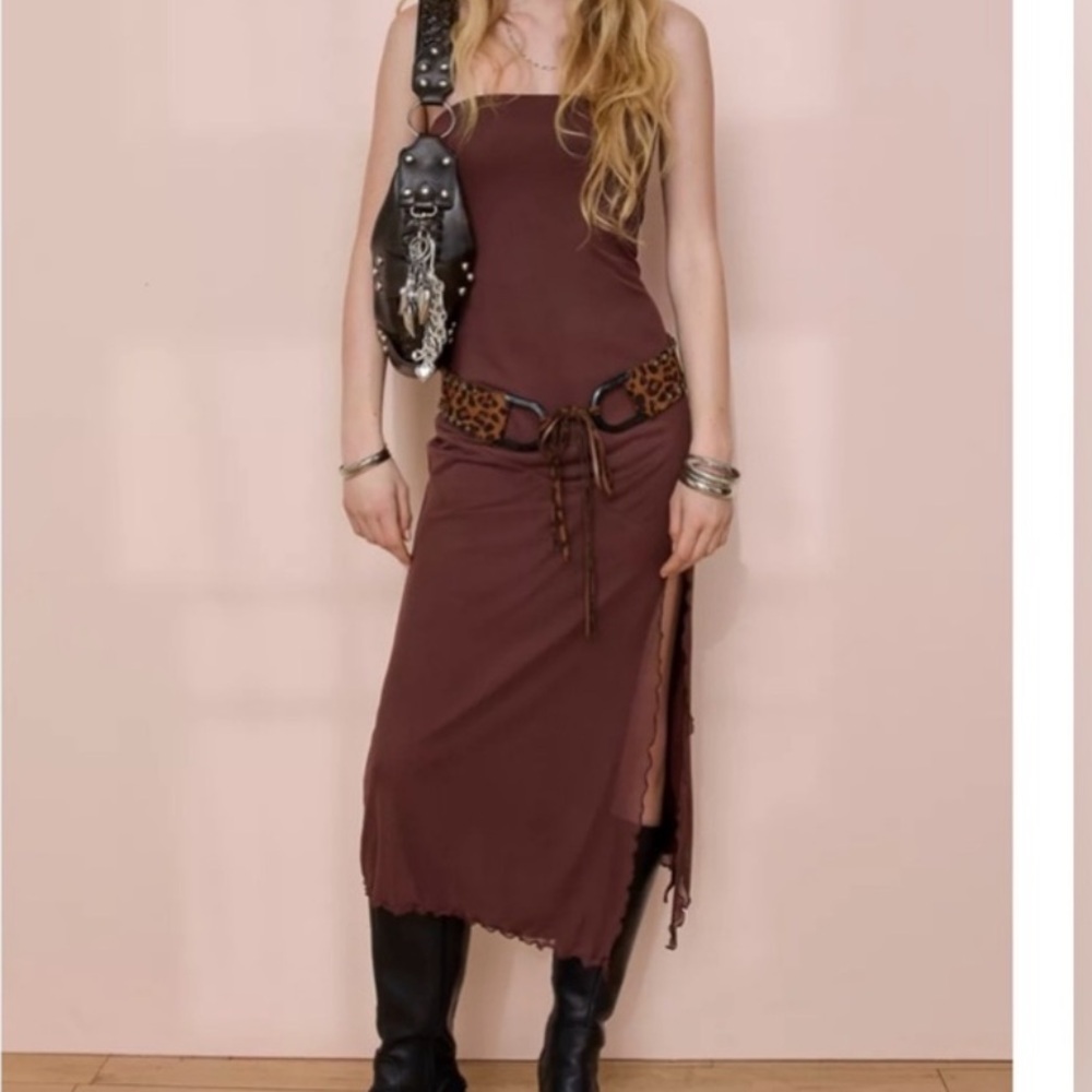 Brown Strapless Midi Dress with Side Slit